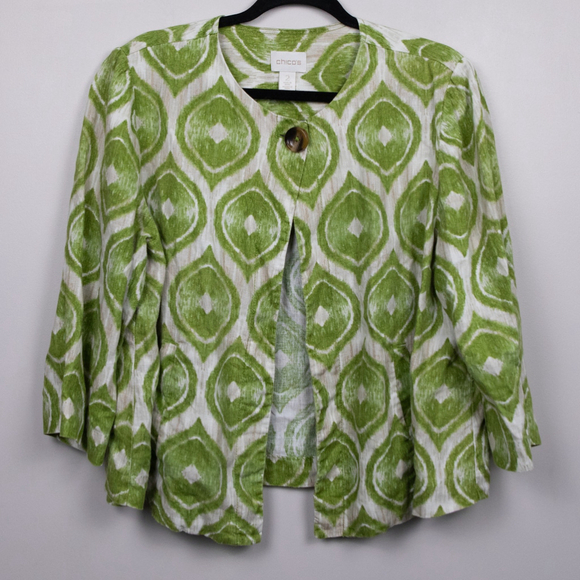 Chico's Modern Ikat-Printed green linen jacket-2 - Picture 1 of 4